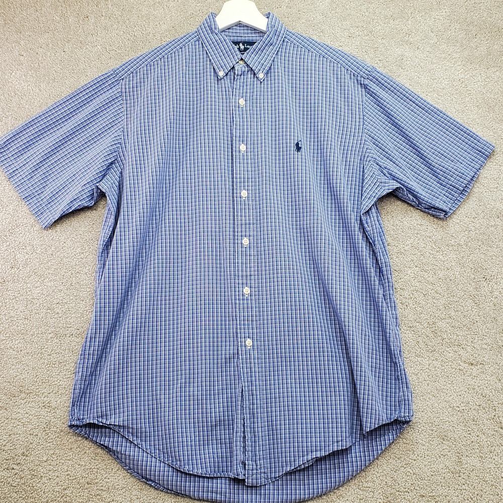 Ralph Lauren Yarmouth Dress Shirt Men's 15.5 Blue White Plaid 100% Cotton Formal